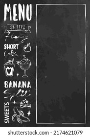 Vector template cafe menu, chalk style lettering and fast food items. Chalckboard with frame for text, decoration for kitchen and pub, blackboard sample menu, handwritten words, drinks, meat, sweets.