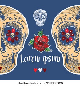 Vector template with calavera sugar skull and roses. eps 10