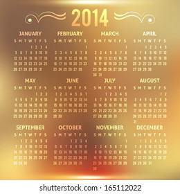 vector template of calendar 2014