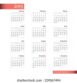 Vector template calendar 2015 - black letters on white background. Eps 10, editable.