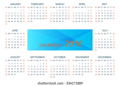 Vector template calendar 2016 . Week starts with sunday.