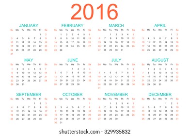 Vector template calendar 2016 years. Week starts with sunday.
