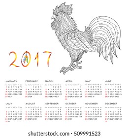 Vector template of calendar 2017 with cock. Hand drawn rooster in doodle style.