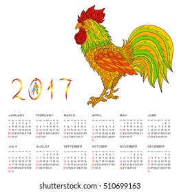 Vector template of calendar 2017 with cock. Hand drawn rooster in doodle or bono style.