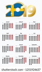Vector template calendar 2019 with number in circles, simple Swedish calendar for year 2019.