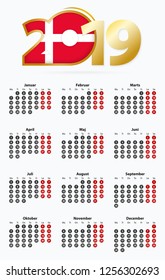 Vector template calendar 2019 with number in circles, simple Danish calendar for year 2019.