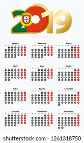 Vector template calendar 2019 with number in circles, simple Portuguese calendar for year 2019.