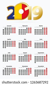 Vector template calendar 2019 with number in circles, simple Romanian calendar for year 2019.