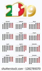 Vector template calendar 2019 with number in circles, simple Italian calendar for year 2019.