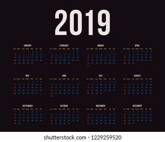 Vector template of calendar 2019. Week starts from Sunday