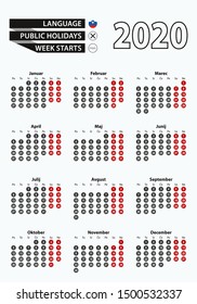 Vector template calendar 2020 with number in circles, simple Slovenian calendar for year 2020. Vector illustration.