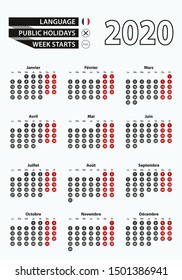 Vector template calendar 2020 with number in circles, simple French calendar. Vector illustration.