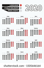 Vector template calendar 2020 with number in circles, simple Turkish calendar for year 2020. Vector illustration.