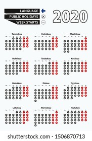 Vector template calendar 2020 with number in circles, simple Finnish calendar for year 2020. Vector illustration.