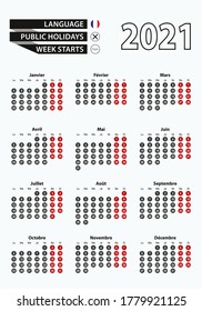 Calendario de plantilla de vectores 2021 con número en círculos, sencillo calendario francés Ilustración vectorial.