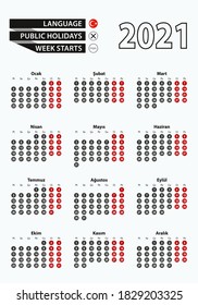 Vector template calendar 2021 with number in circles, simple Turkish calendar for year 2021. Vector illustration.