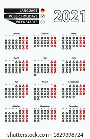 Vector template calendar 2021 with number in circles, simple German calendar for year 2021. Vector illustration.