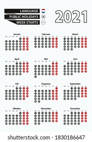 Vector template calendar 2021 with number in circles, simple Dutch calendar for year 2021. Vector illustration.