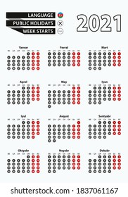 Vector template calendar 2021 with number in circles, simple Azerbaijani calendar for year 2021. Vector illustration.