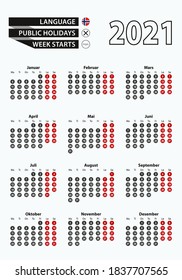 Vektorvorlage Kalender 2021 mit Anzahl in Kreisen, einfacher norwegischer Kalender für das Jahr 2021. Vektorgrafik.