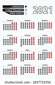 Vektorvorlage Kalender 2021 mit Anzahl in Kreisen, einfacher finnischer Kalender für das Jahr 2021. Vektorgrafik.