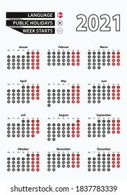 Vector template calendar 2021 with number in circles, simple Danish calendar for year 2021. Vector illustration.