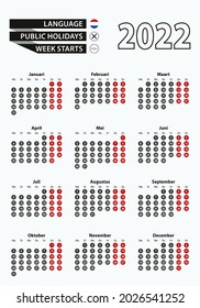 Vector template calendar 2022 with number in circles, simple Dutch calendar for year 2022. Vector illustration.