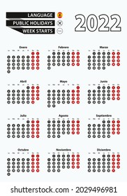 Vector template calendar 2022 with number in circles, simple Spanish calendar for year 2022. Vector illustration.