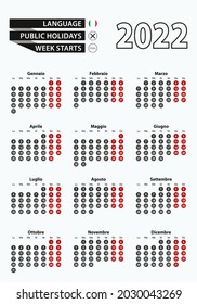 Vector template calendar 2022 with number in circles, simple Italian calendar for year 2022. Vector illustration.