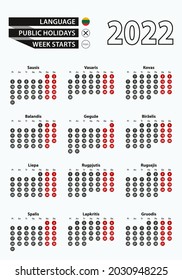 Vector template calendar 2022 with number in circles, simple Lithuanian calendar for year 2022. Vector illustration.