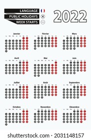 Vector template calendar 2022 with number in circles, simple French calendar Vector illustration.