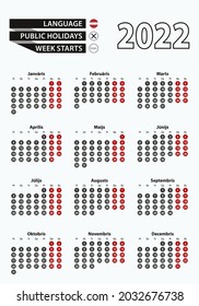 Vector template calendar 2022 with number in circles, simple Latvian calendar for year 2022. Vector illustration.