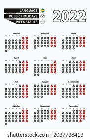 Vector template calendar 2022 with number in circles, simple Swedish calendar for year 2022. Vector illustration.