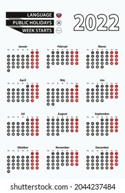 Vector template calendar 2022 with number in circles, simple Slovak calendar for year 2022. Vector illustration.