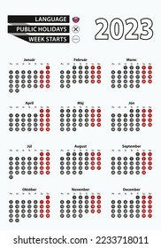 Vector template calendar 2023 with number in circles, simple Slovak calendar for year 2023. Vector illustration.