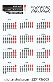 Vector template calendar 2023 with number in circles, simple Turkish calendar for year 2023. Vector illustration.