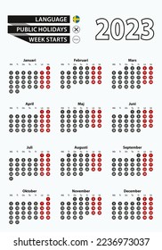 Vector template calendar 2023 with number in circles, simple Swedish calendar for year 2023. Vector illustration.