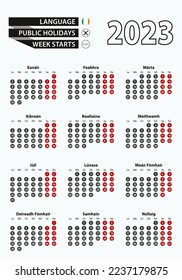 Vector template calendar 2023 with number in circles, simple Irish calendar for year 2023. Vector illustration.