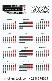 Vector template calendar 2023 with number in circles, simple Latvian calendar for year 2023. Vector illustration.