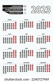 Vektorvorlage Kalender 2023 mit der Zahl in Kreisen, einfache französische Kalender Vektorgrafik.