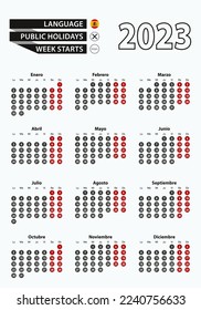 Vektorvorlage Kalender 2023 mit Anzahl in Kreisen, einfacher spanischer Kalender für das Jahr 2023. Vektorgrafik.