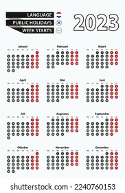 Vector template calendar 2023 with number in circles, simple Dutch calendar for year 2023. Vector illustration.
