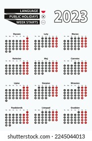 Vector template calendar 2023 with number in circles, simple Polish calendar for year 2023. Vector illustration.