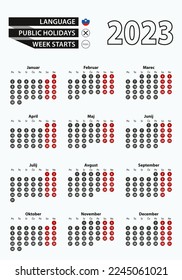 Vector template calendar 2023 with number in circles, simple Slovenian calendar for year 2023. Vector illustration.