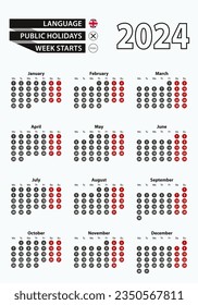 Vektor-Template Kalender 2024 mit Anzahl in Kreisen, einfache englische Kalender für 2024. Vektorgrafik.