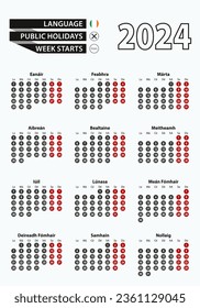 Vector template calendar 2024 with number in circles, simple Irish calendar for year 2024. Vector illustration.