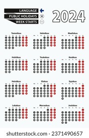 Vector template calendar 2024 with number in circles, simple Finnish calendar for year 2024. Vector illustration.