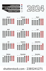 Vector template calendar 2024 with number in circles, simple Dutch calendar for year 2024. Vector illustration.
