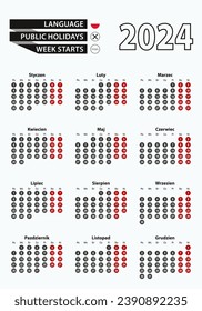 Vector template calendar 2024 with number in circles, simple Polish calendar for year 2024. Vector illustration.