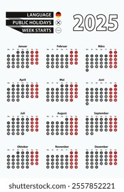 Vector template calendar 2025 with number in circles, simple German calendar for year 2025. Vector illustration.